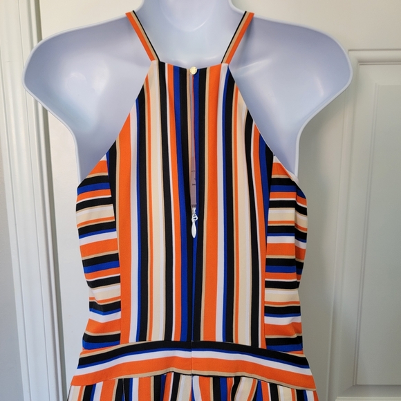 NWT Bebe Striped Halter Romper V Neck Gold Metal Trim Back Zip Size Small - Picture 5 of 15